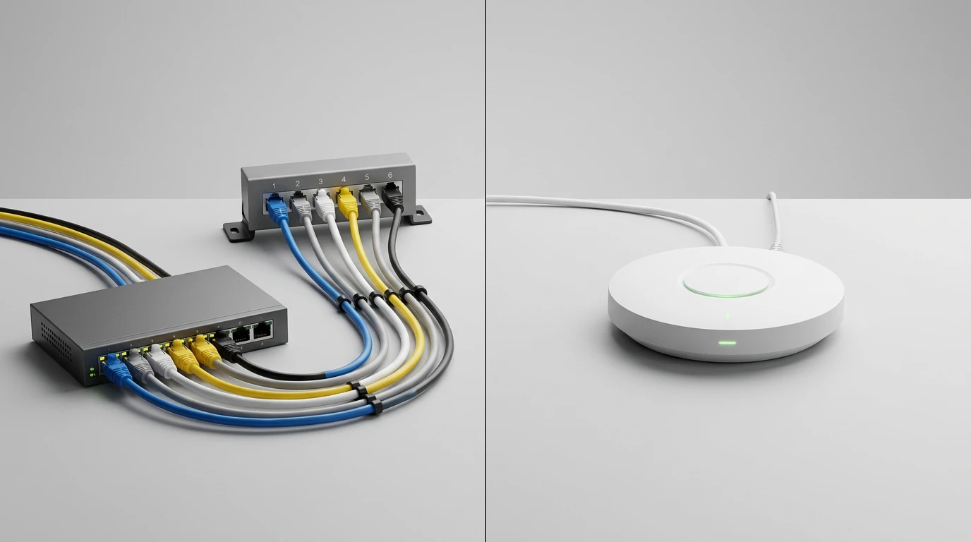 Structured cabling vs wireless network in Saudi Arabia showing wired infrastructure and WiFi connectivity comparison